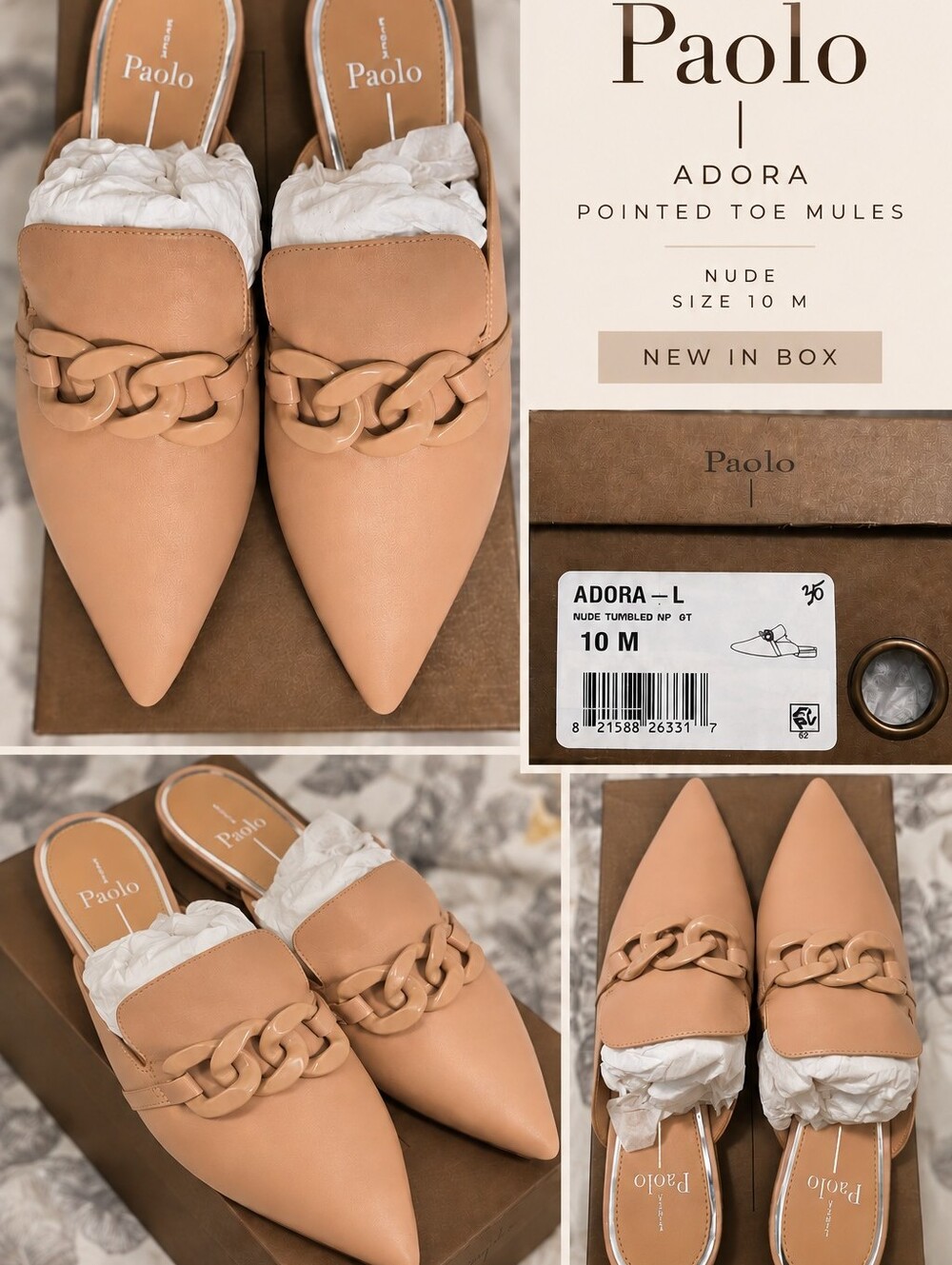 NIB Linea Paolo Nude Pointed-Toe Chain-Detail Mules